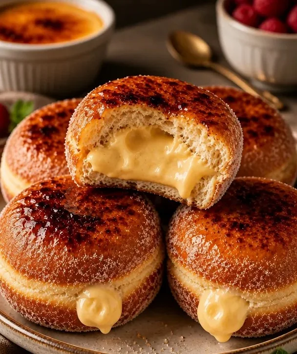 Einfache Donuts gefüllt mit Crème Brûlée und Vanillepudding, köstlich und süß.