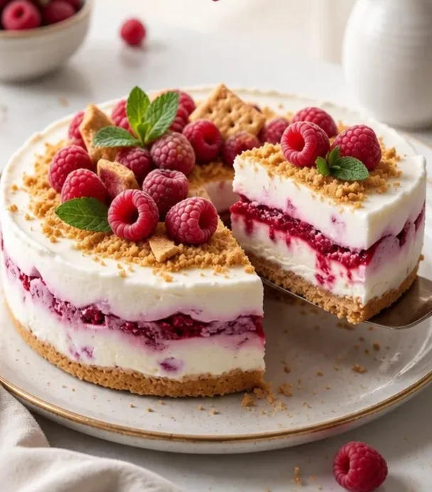 Einfache Himbeer-Joghurt-Eisbox-Torte für heiße Sommertage