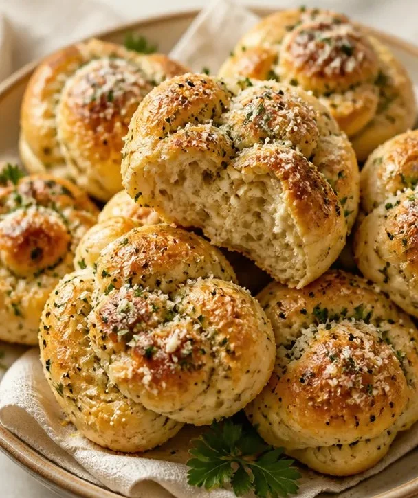 weiche und buttrige Parmesan-Knoblauch-Knoten frisch aus dem Ofen