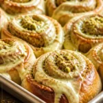 Leckere Pistaziencreme-Zimtschnecken auf einem Teller angerichtet
