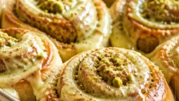 Leckere Pistaziencreme-Zimtschnecken auf einem Teller angerichtet