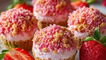 Erdbeer-Crunch-Cheesecake-Bites in einer hübschen Präsentation und Toppings