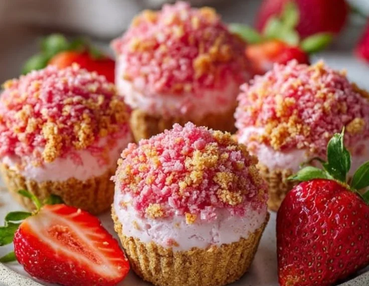 Erdbeer-Crunch-Cheesecake-Bites in einer hübschen Präsentation und Toppings