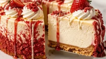 Erdbeer-Crunch-Cheesecake mit frischen Erdbeeren und knusprigem Boden