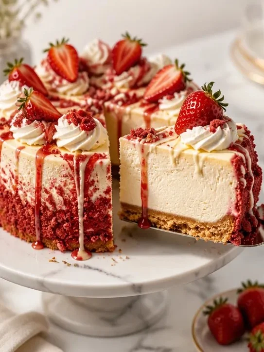 Erdbeer-Crunch-Cheesecake mit frischen Erdbeeren und knusprigem Boden