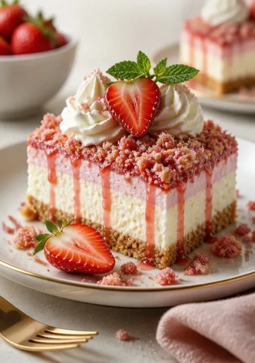 Erdbeer-Crunch-Käsekuchen No-Bake Rezept für viele Personen