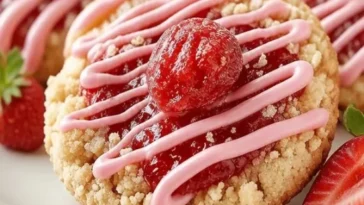Leckere Erdbeer-Crunch-Kekse auf einem Teller serviert