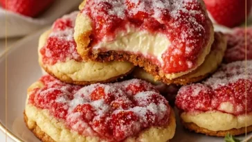 Leckere Erdbeer-Käsekuchen-Plätzchen mit frischen Erdbeeren und cremiger Käsefüllung