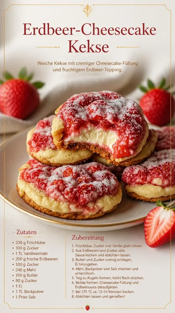 Leckere Erdbeer-Käsekuchen-Plätzchen mit frischen Erdbeeren und cremiger Käsefüllung