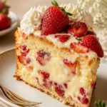 Leckerer Erdbeer-Pudding-Kuchen mit frischen Erdbeeren und cremiger Pudding-Füllung.