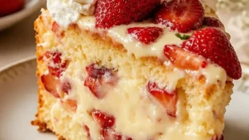 Leckerer Erdbeer-Pudding-Kuchen mit frischen Erdbeeren und cremiger Pudding-Füllung.