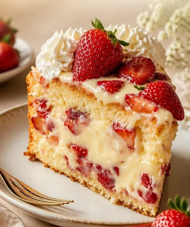 Leckerer Erdbeer-Pudding-Kuchen mit frischen Erdbeeren und cremiger Pudding-Füllung.