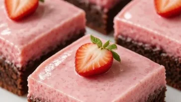 Leckere Erdbeerfrosting-Brownies mit frischen Erdbeeren und Schokolade