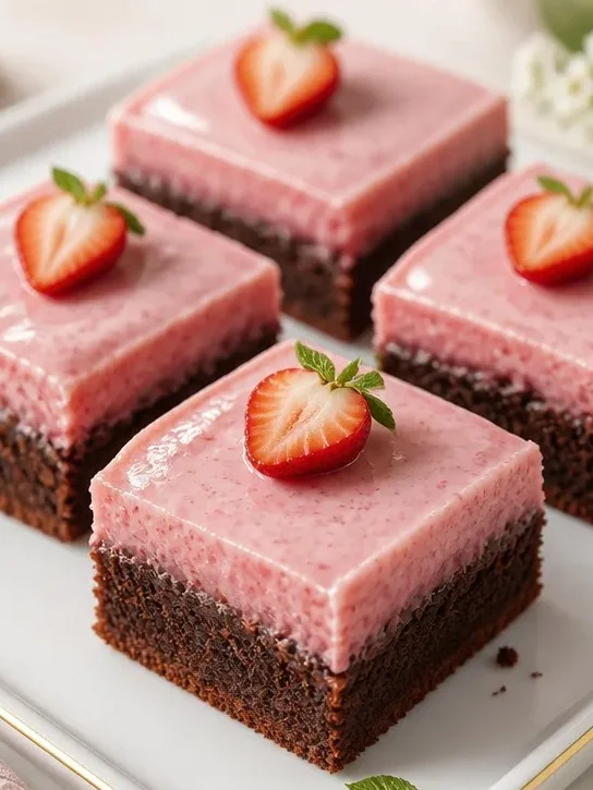 Leckere Erdbeerfrosting-Brownies mit frischen Erdbeeren und Schokolade