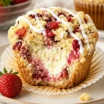 Erdbeermuffins mit cremiger Frischkäsefüllung auf einem rustikalen Holztisch
