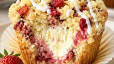 Erdbeermuffins mit cremiger Frischkäsefüllung auf einem rustikalen Holztisch