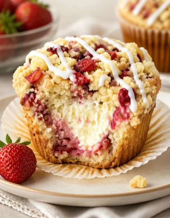 Erdbeermuffins mit cremiger Frischkäsefüllung auf einem rustikalen Holztisch