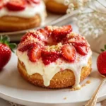 Gebackene Erdbeer-Käsekuchen-Donuts auf einem Teller präsentiert