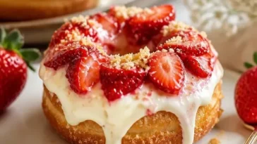 Gebackene Erdbeer-Käsekuchen-Donuts auf einem Teller präsentiert