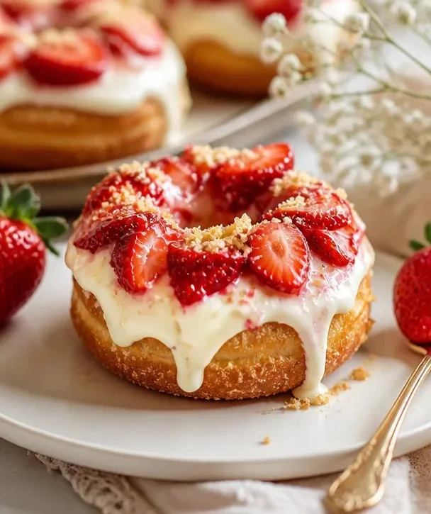Gebackene Erdbeer-Käsekuchen-Donuts auf einem Teller präsentiert