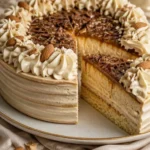 Gebackener Kuchen mit Dulce de Leche und Mascarpone-Creme auf einem Teller
