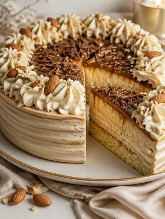 Gebackener Kuchen mit Dulce de Leche und Mascarpone-Creme auf einem Teller