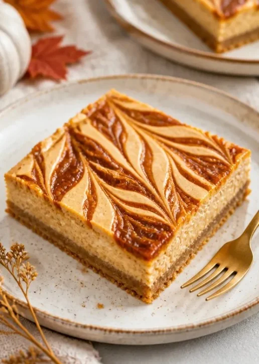 Gesalzene Karamell-Pumpkin-Cheesecake-Riegel angerichtet auf einem Teller