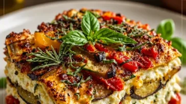 Geschichtete mediterrane Gemüselasagne mit frischem Gemüse und Käse