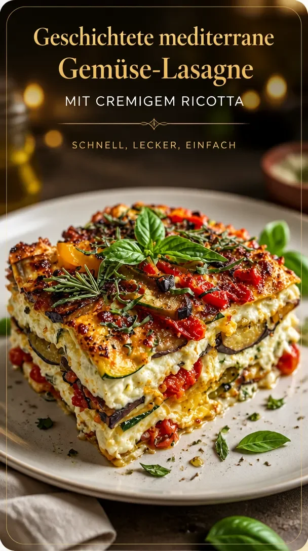 Geschichtete mediterrane Gemüselasagne mit frischem Gemüse und Käse