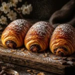 Hausgemachte Schokoladencroissants aus Blätterteig, frisch gebacken.