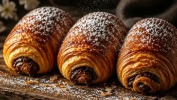 Hausgemachte Schokoladencroissants aus Blätterteig, frisch gebacken.