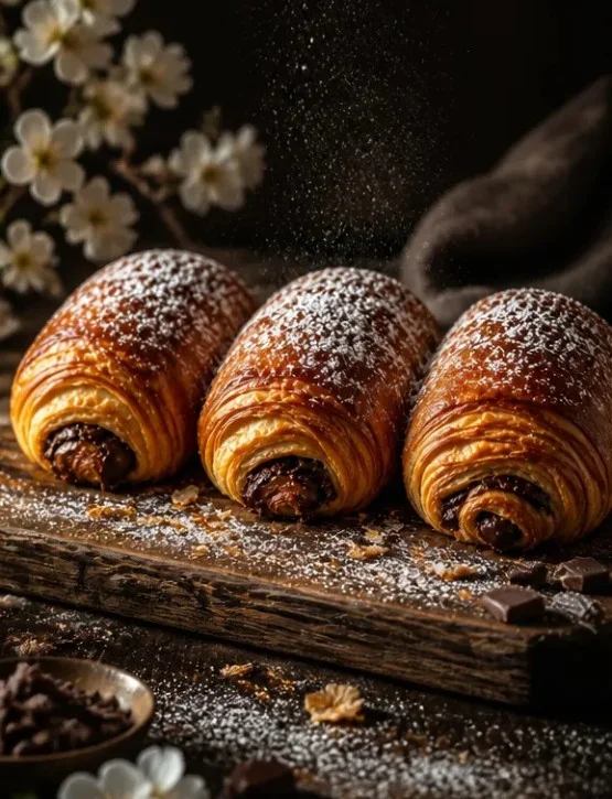 Hausgemachte Schokoladencroissants aus Blätterteig, frisch gebacken.