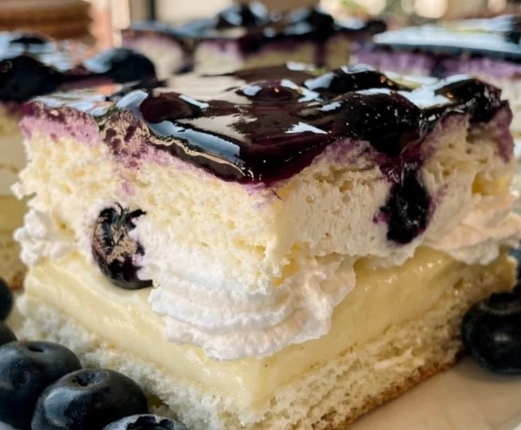Heidelbeer-Zitronen-Eisboxkuchen auf einem Teller, perfekt für den Sommer