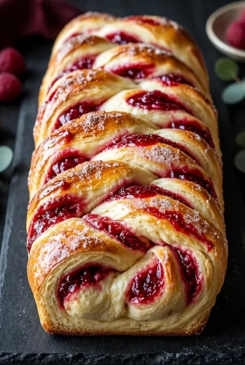 Frisches Himbeerbrot mit saftigen Himbeeren und goldbrauner Kruste