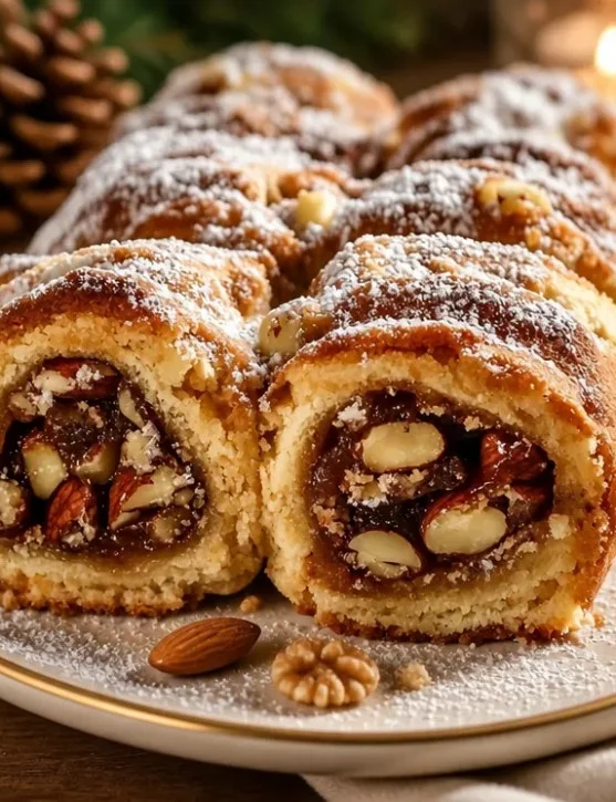 Italienischer Nussrolle-Keks mit Nüssen und Schokolade, perfekt zum Genießen.