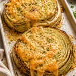 Käsegeröstete Kohlsteaks auf einem Teller, knusprig und schmackhaft serviert.