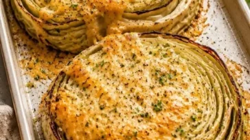 Käsegeröstete Kohlsteaks auf einem Teller, knusprig und schmackhaft serviert.