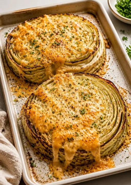 Käsegeröstete Kohlsteaks auf einem Teller, knusprig und schmackhaft serviert.