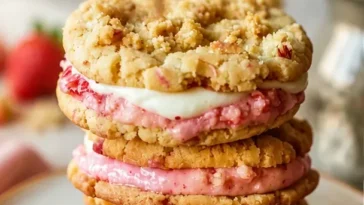 Käsekuchen Kekse mit Erdbeer-Crunch gefüllt auf einem Teller