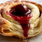 Leckere Kirsch-Cremekäse-Danish-Rollen aus Bäckerei-Stil in sommerlicher Atmosphäre.