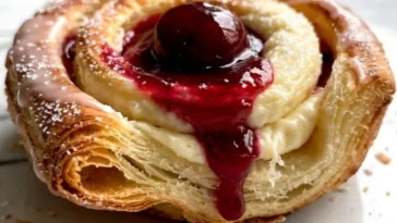 Leckere Kirsch-Cremekäse-Danish-Rollen aus Bäckerei-Stil in sommerlicher Atmosphäre.