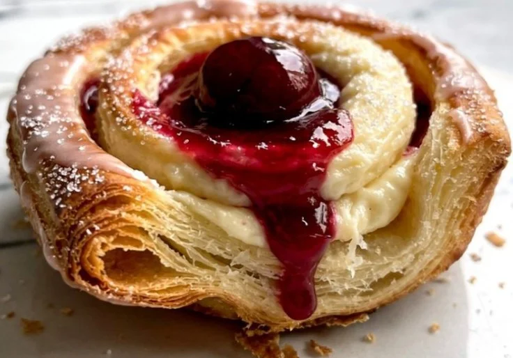 Leckere Kirsch-Cremekäse-Danish-Rollen aus Bäckerei-Stil in sommerlicher Atmosphäre.