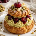 Kirsch-Pistazien-Choux-Kronen auf einem Teller, dekoriert mit frischen Kirschen.