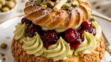 Kirsch-Pistazien-Choux-Kronen auf einem Teller, dekoriert mit frischen Kirschen.