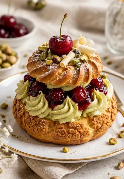 Kirsch-Pistazien-Choux-Kronen auf einem Teller, dekoriert mit frischen Kirschen.