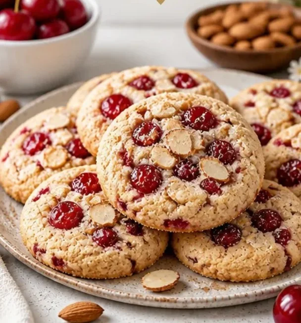 Kirsche-Mandel-Kekse auf einem Teller, frisch gebacken und köstlich.
