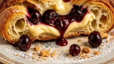 Kirsche-Vanille-Custard-Danish auf einem Tisch mit frischen Zutaten.