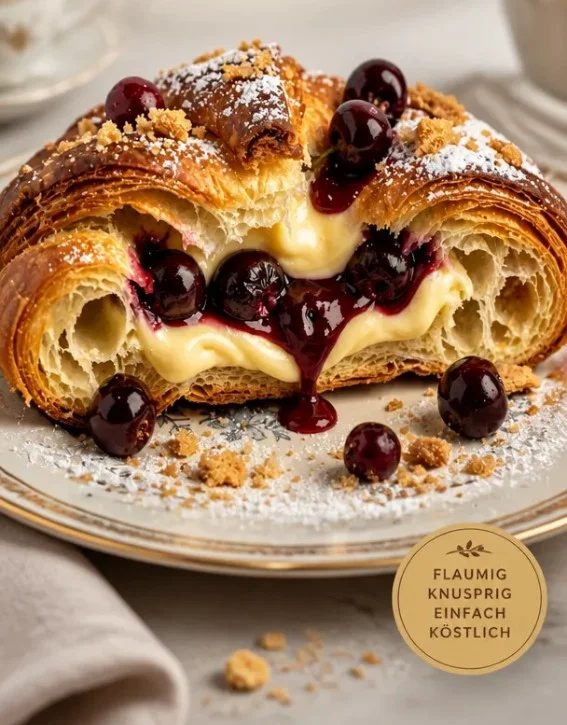 Kirsche-Vanille-Custard-Danish auf einem Tisch mit frischen Zutaten.