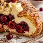 Leckere Kirschen-Cheesecake-Choux-Ringe auf einem Teller.