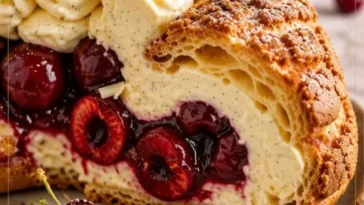 Leckere Kirschen-Cheesecake-Choux-Ringe auf einem Teller.